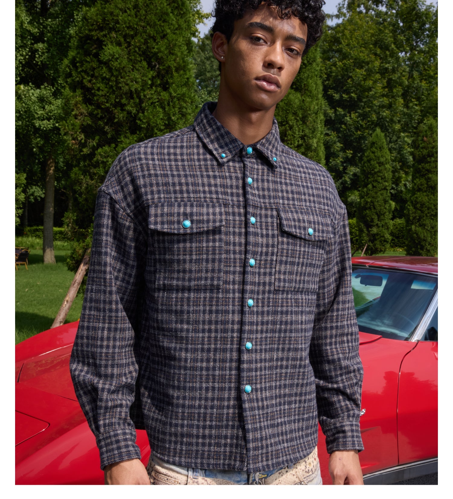 S45 Turquoise Button Plaid Long Sleeve Shirt