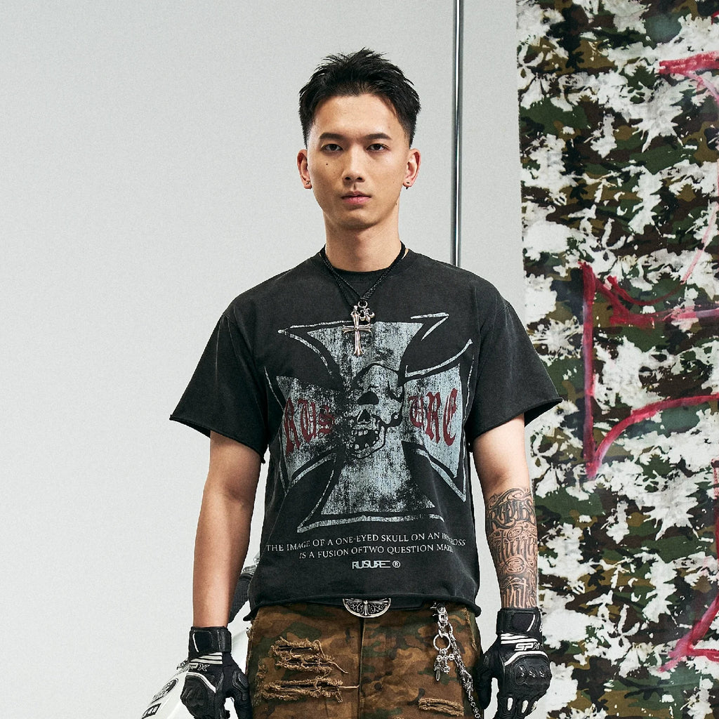 RUSURE Vintage Cross Skull Washed Tee