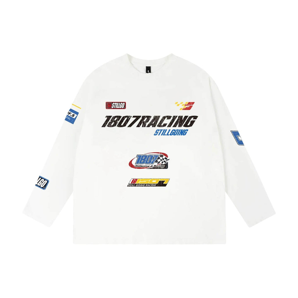 1807 Racing Vintage Printed Distressed Long Sleeve Tee