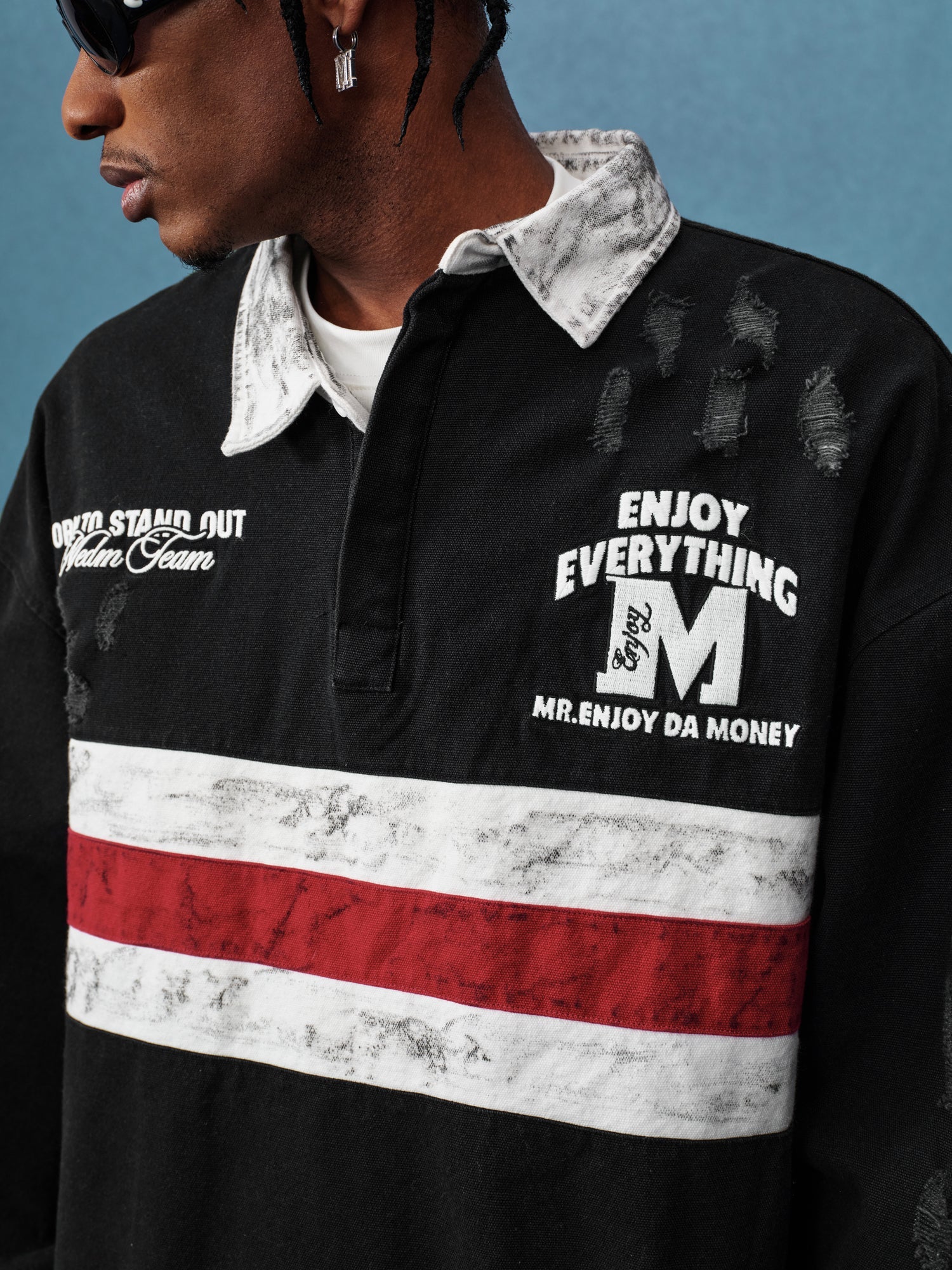 MEDM Asymmetric Collar Stripes Long Sleeve Polo