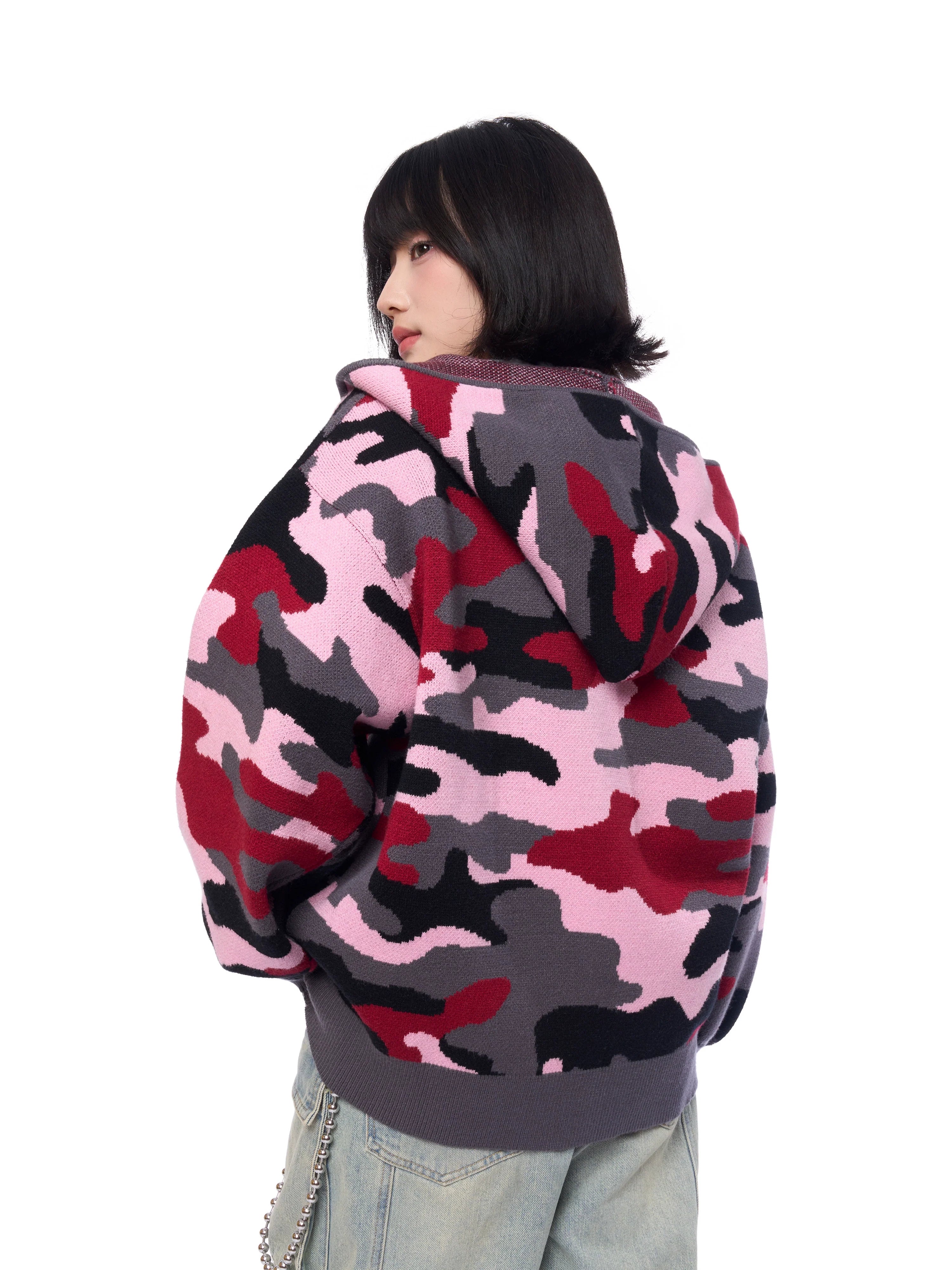 AFGK Pink Camouflage Zip-Up Knit Hoodie