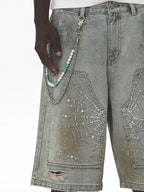 UNTILWERICH Spiderweb Embroidered Washed Distressed Denim Shorts