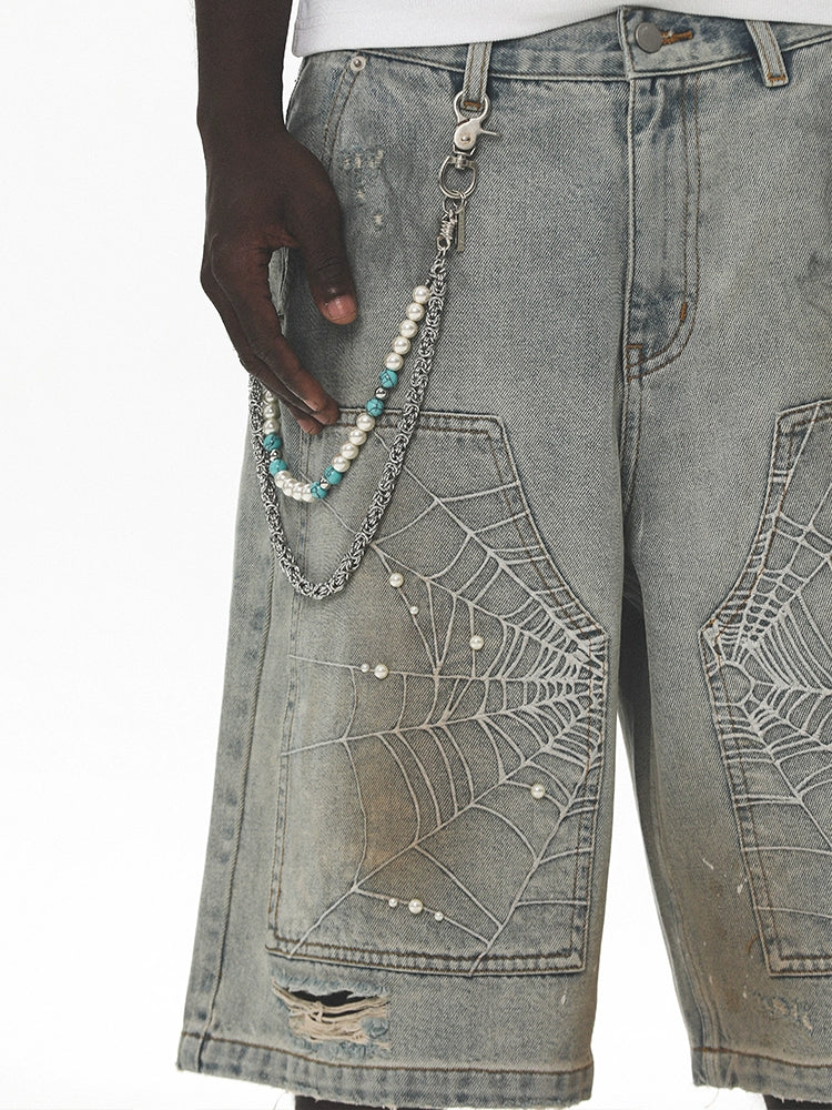UNTILWERICH Spiderweb Embroidered Washed Distressed Denim Shorts