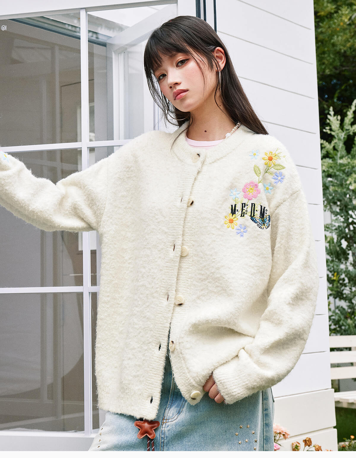 MEDM Floral Vine Embroidered Knit Cardigan
