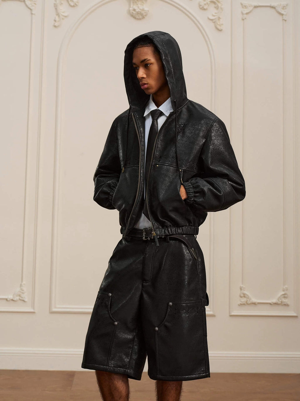 YADcrew Crackle Glitter PU Leather Hooded Jacket