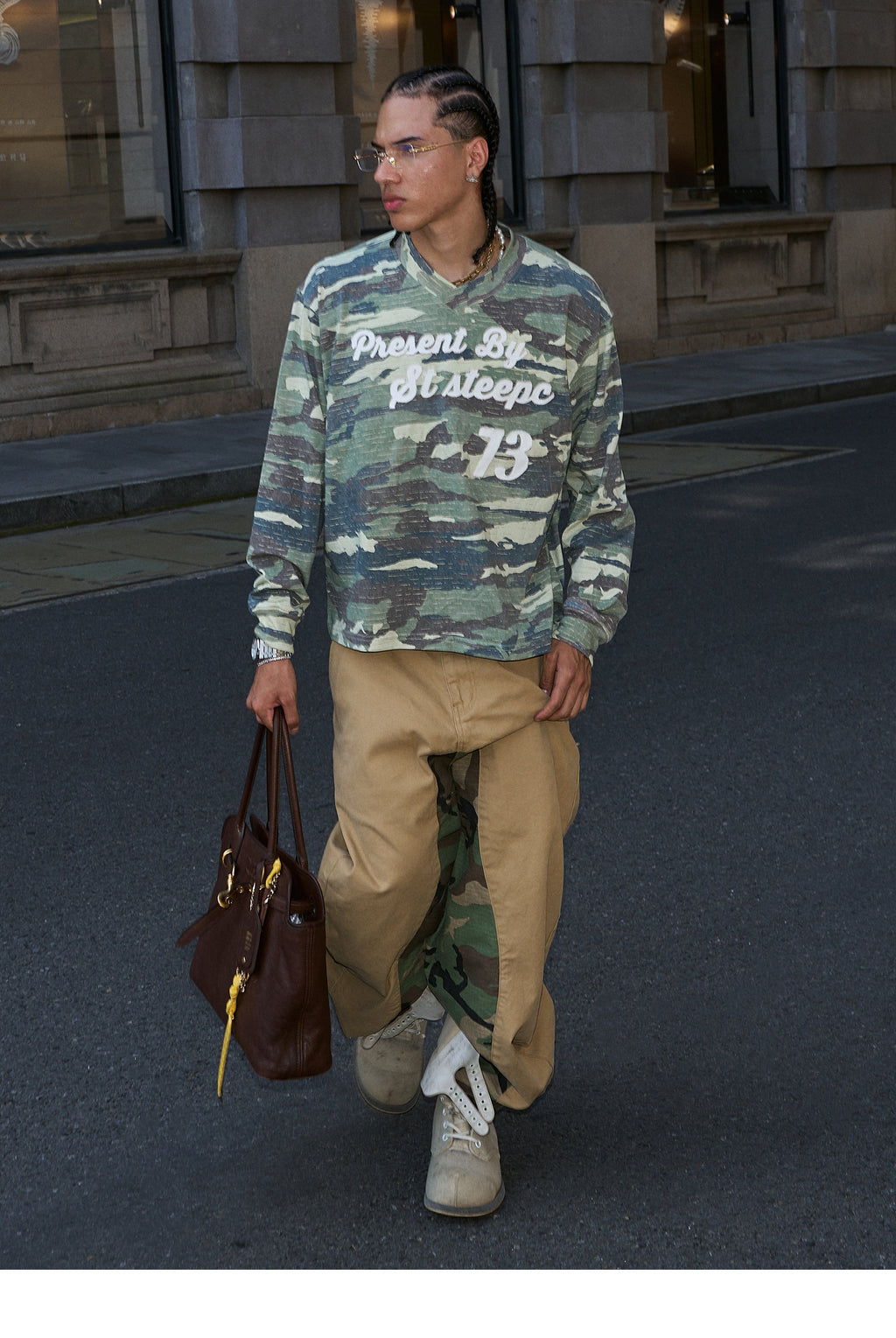 STEEPC Khaki Camouflage Patchwork Baggy Work Pants