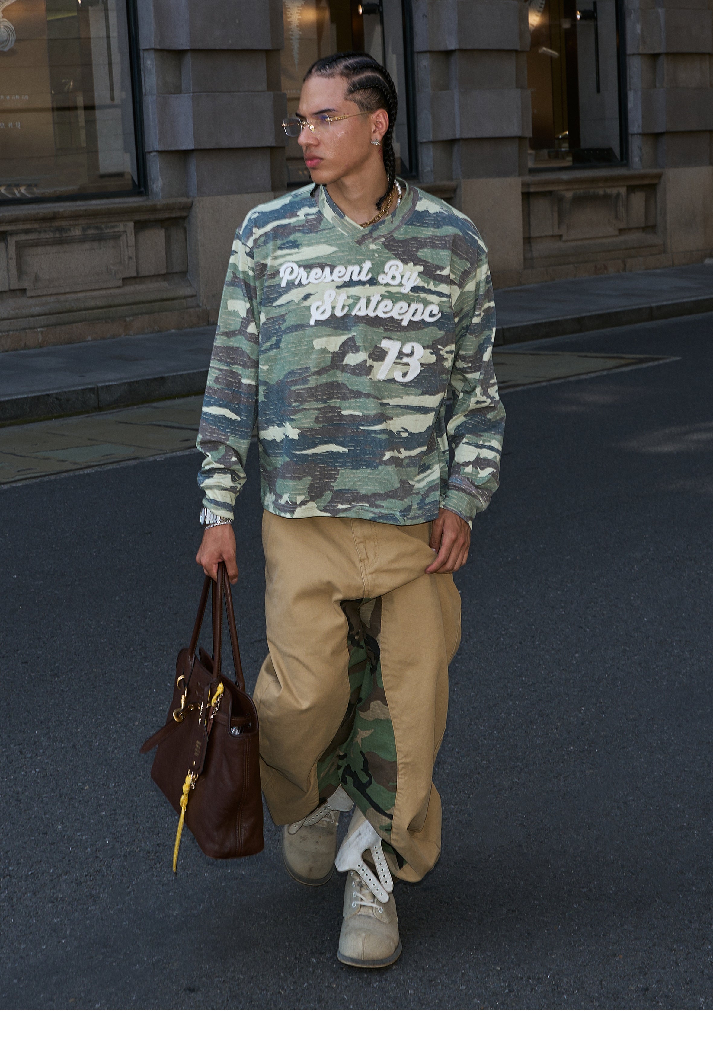 STEEPC Khaki Camouflage Patchwork Baggy Work Pants