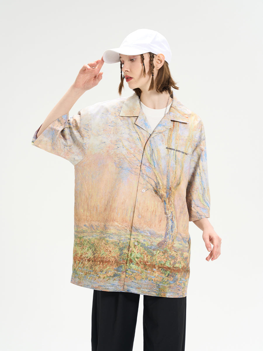 Harsh and Cruel Vintage Forest Lake Oil Painting Cuban Shirt