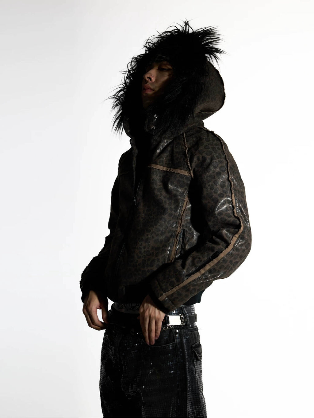 Night Lab Leopard Print Faux Fur Hood Jacket