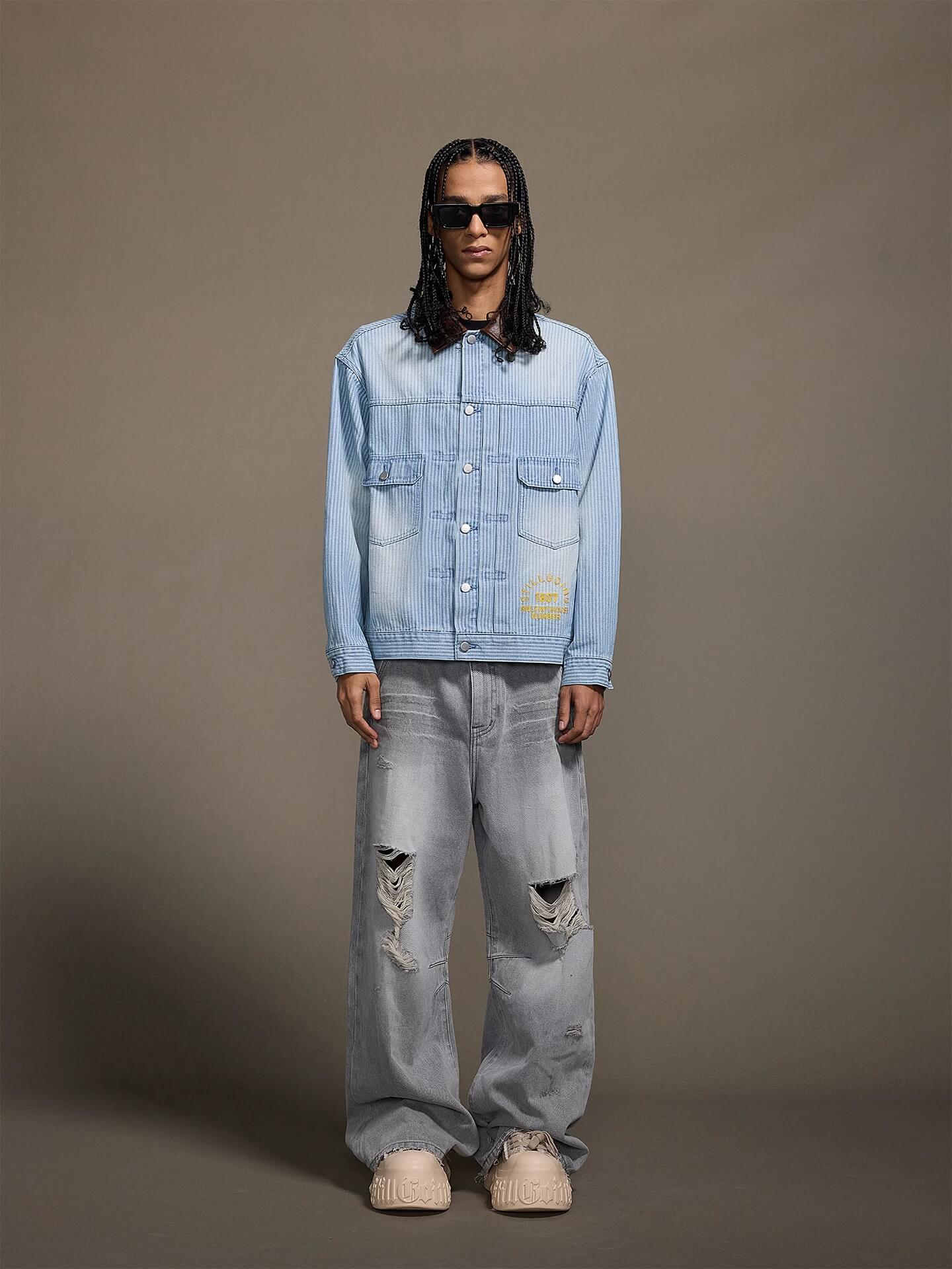 1807 Chain Stitch Embroidered Striped Washed Denim Jacket