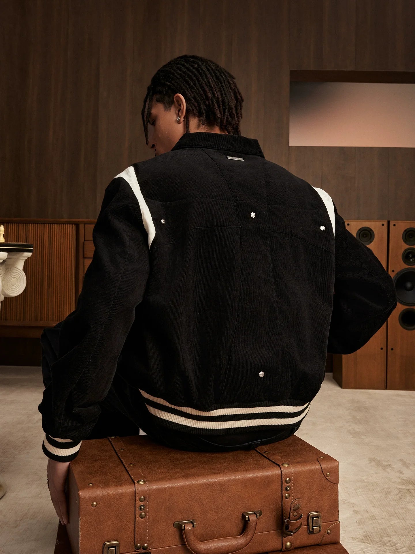 Small Town Kid Rivet Cross stitching Patch Corduroy Varsity Jacket