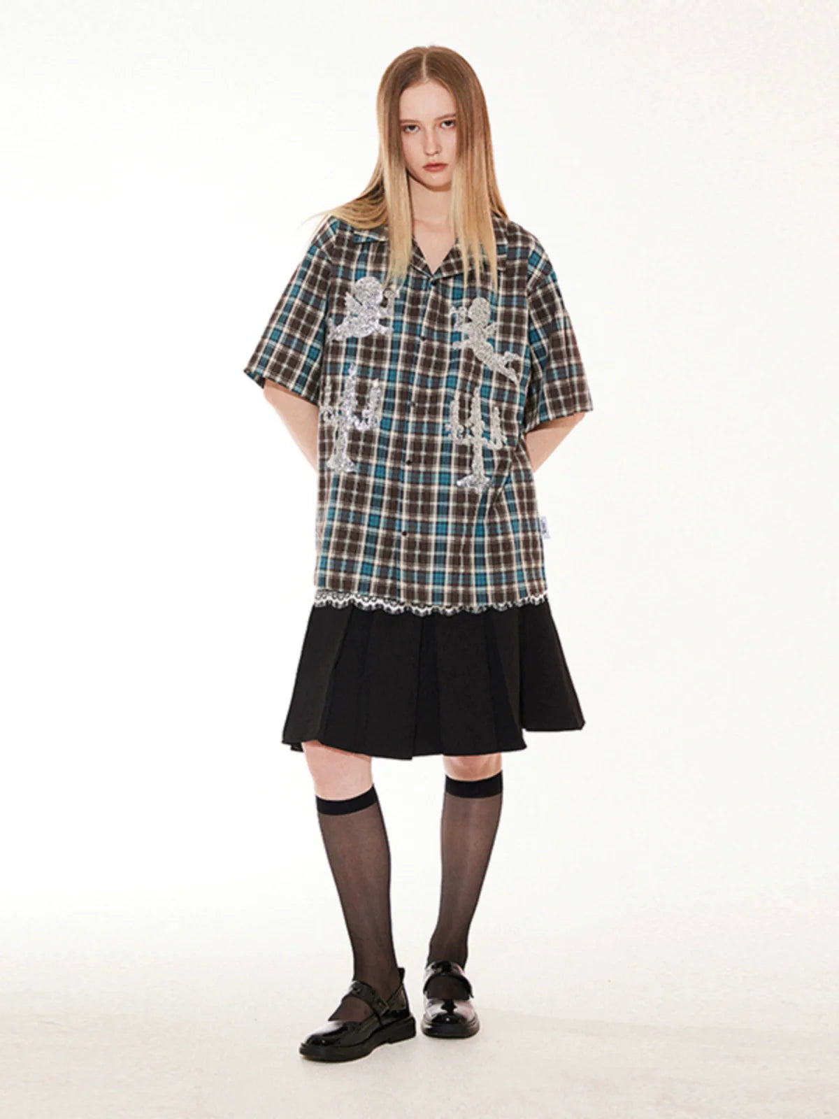 EMPTY REFERENCE Angel and Candlestick Sequin Plaid Short Sleeve Shirt