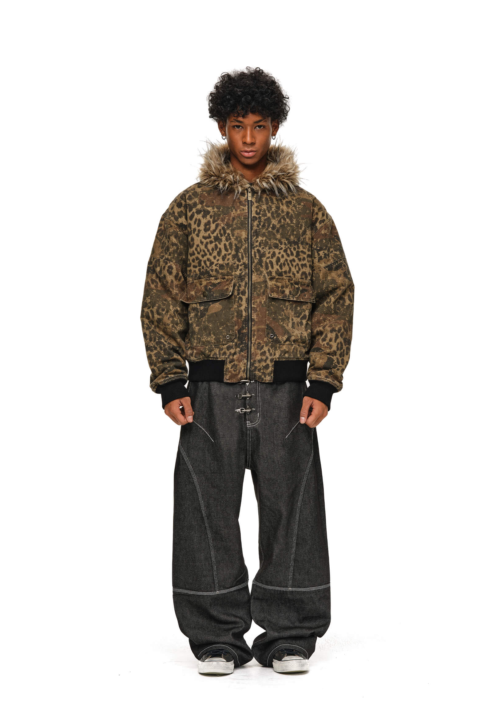ANTIDOTE Washed Leopard Fur Hooded Work Jacket