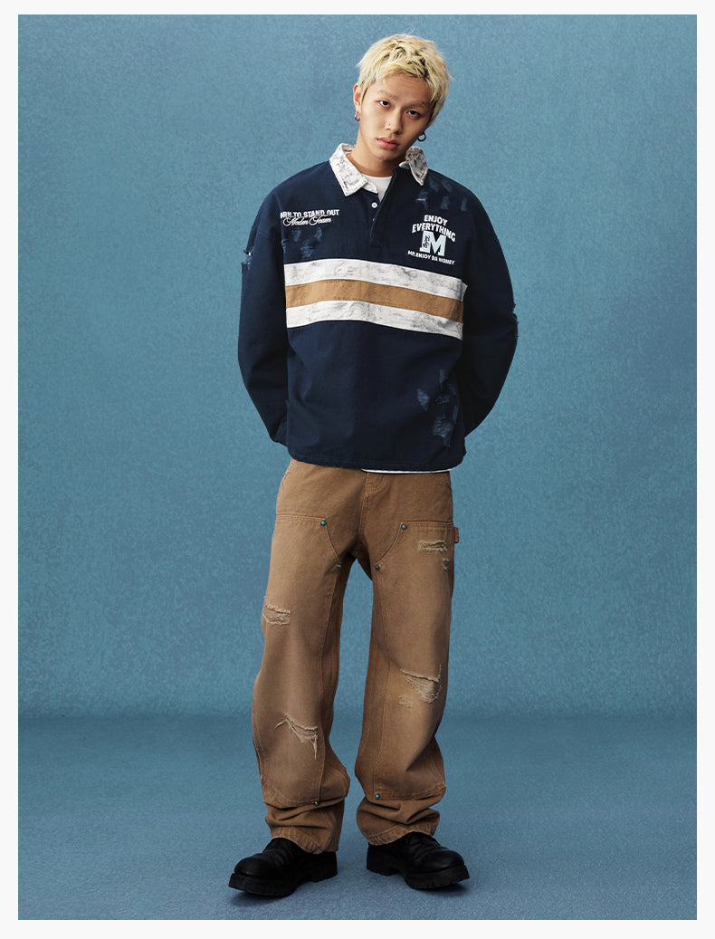 MEDM Asymmetric Collar Stripes Long Sleeve Polo