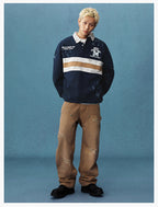 MEDM Asymmetric Collar Stripes Long Sleeve Polo