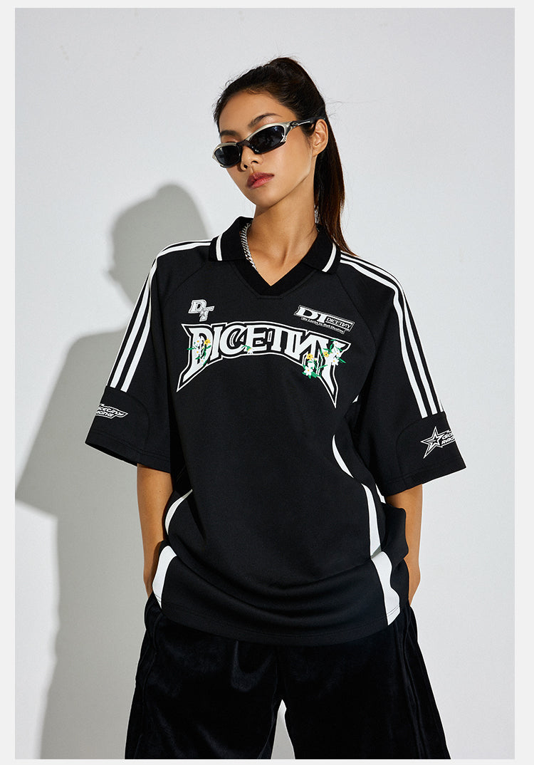 DICETINY Floral Logo Print Soccer Jersey Polo Shirt