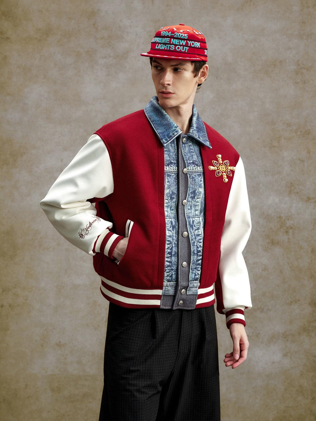 YADcrew Pearl Studded Digital Denim Varsity Jacket