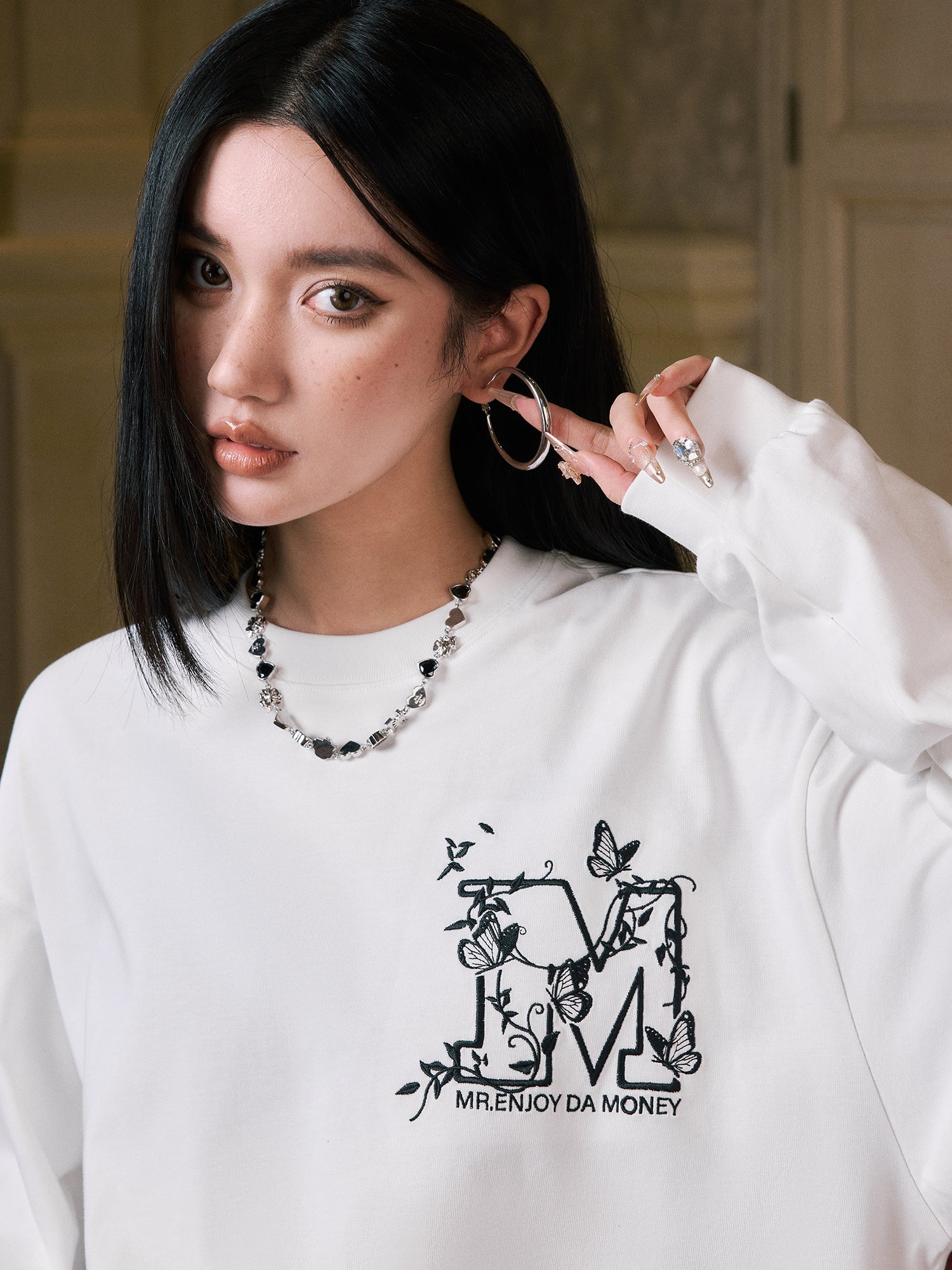 MEDM Big M Butterfly Vine Embroidered Long Sleeve Tee