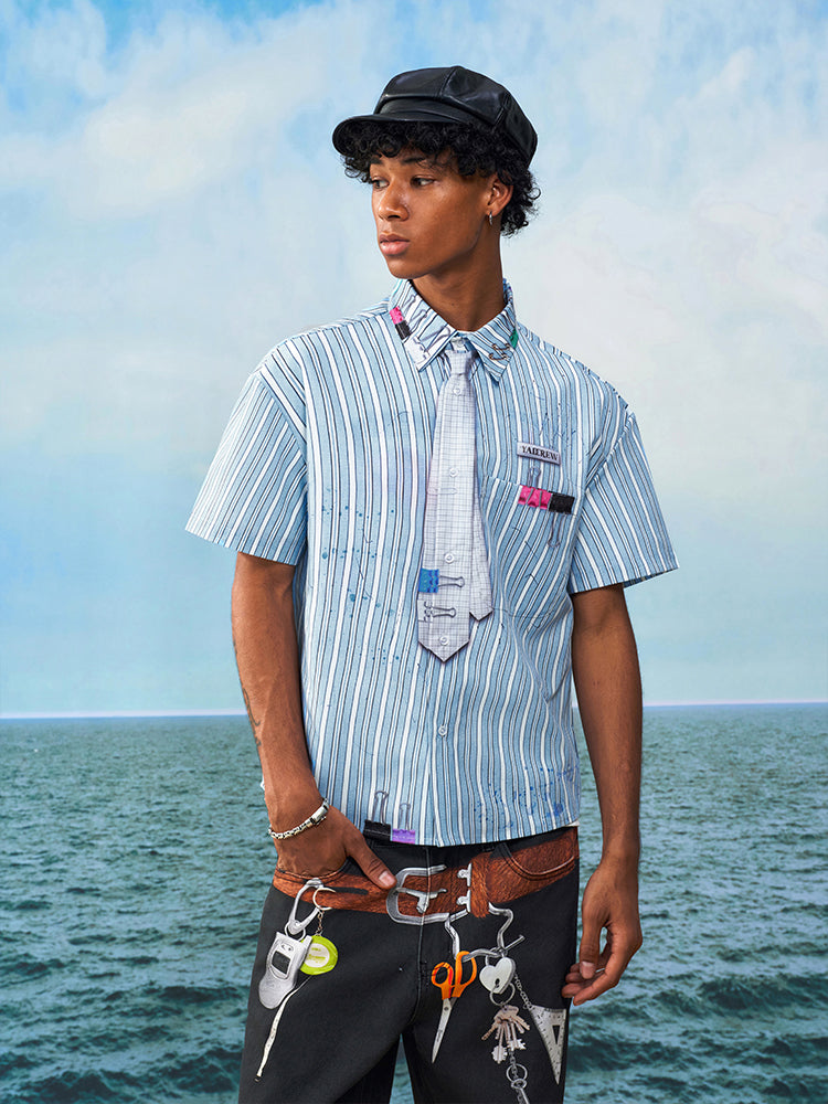 YADcrew Wavy Stripe Tie-Print Short Sleeve Shirt