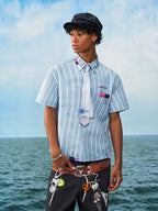 YADcrew Wavy Stripe Tie-Print Short Sleeve Shirt