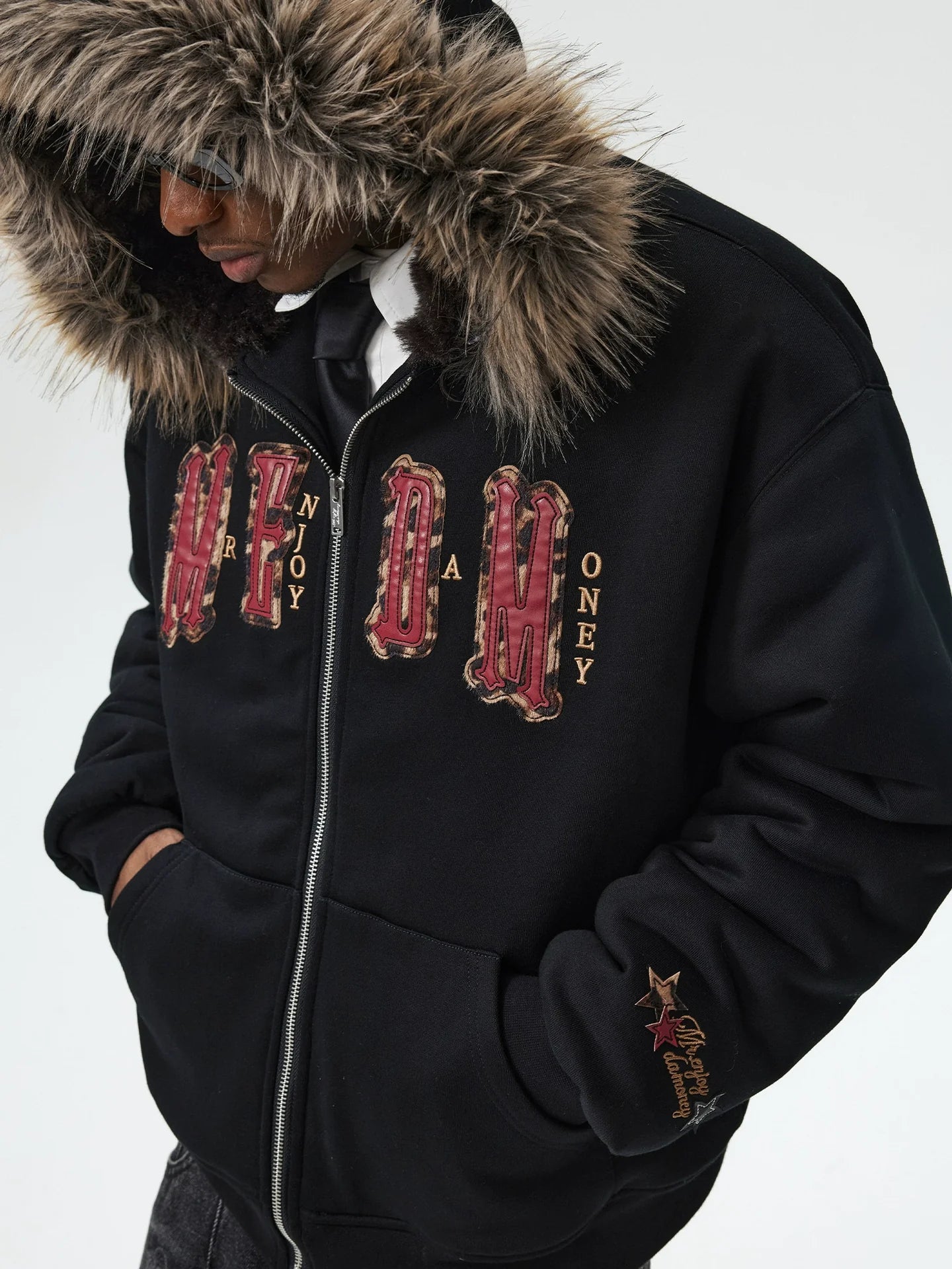 MEDM Faux Fur Lined Hooded Fur Zip Up Jacket