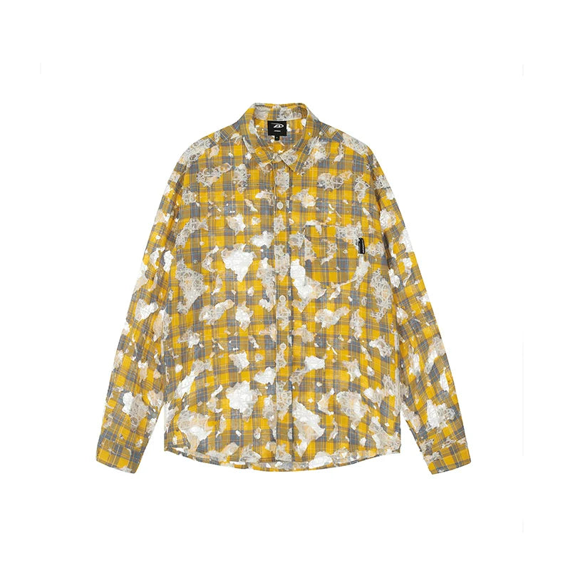 Achock Holes Lace Patches Plaid Long Sleeved Shirt