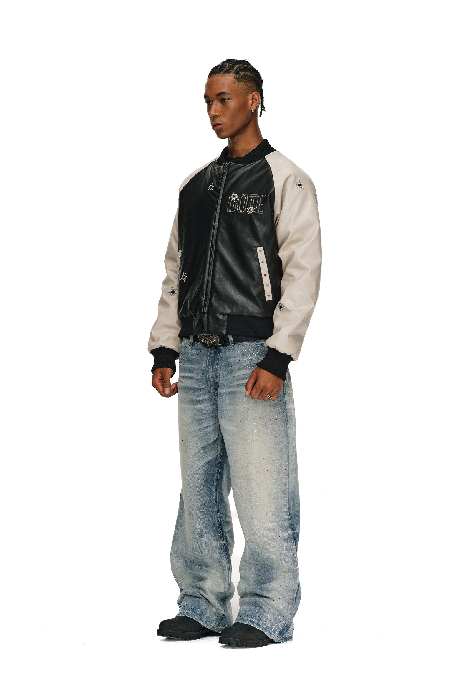 ANTIDOTE Bullseye Color Diamond Studded Leather Baseball Jacket