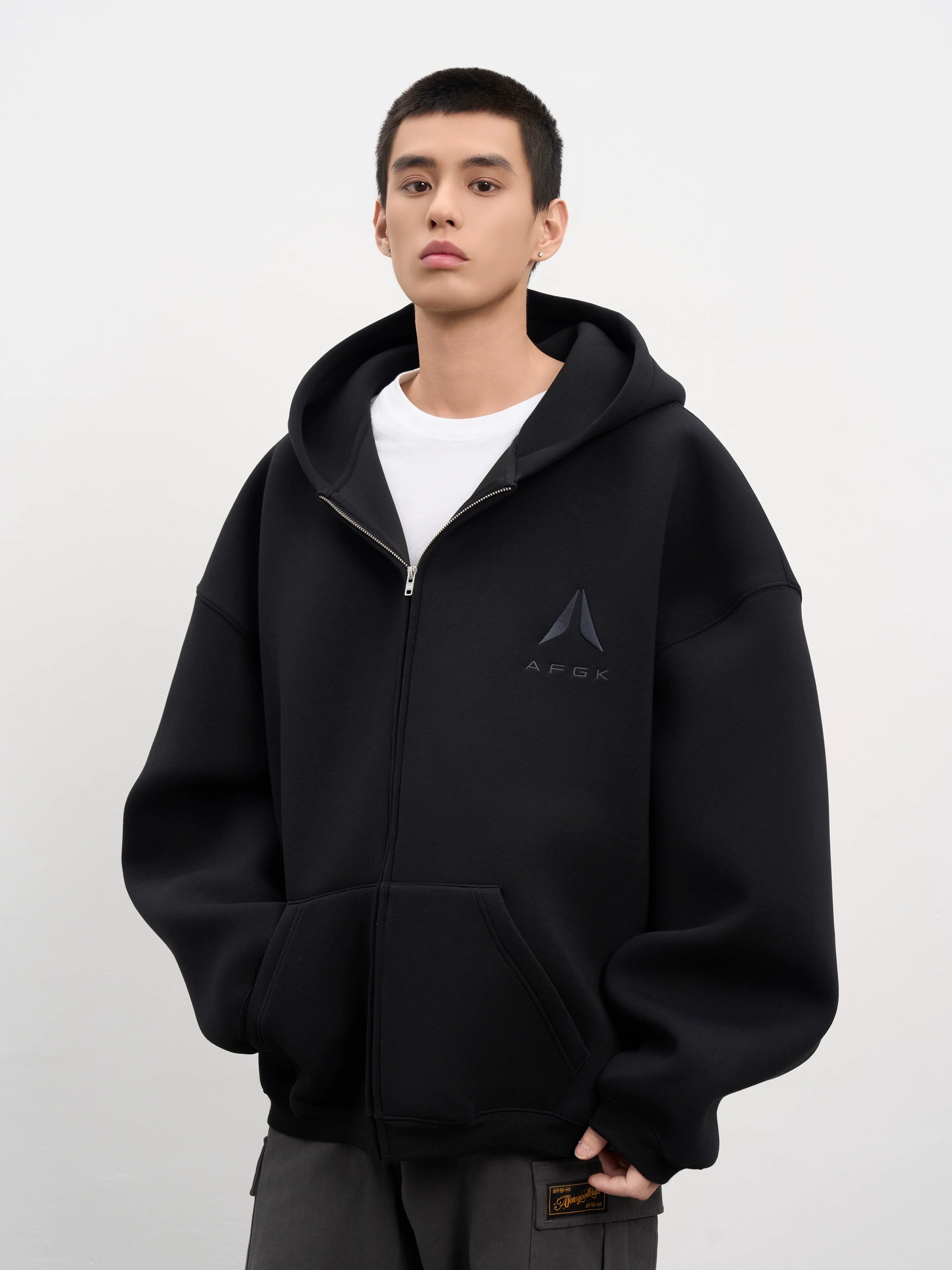 AFGK Air Layer Embroidered Oversized Zip-Up Hoodie