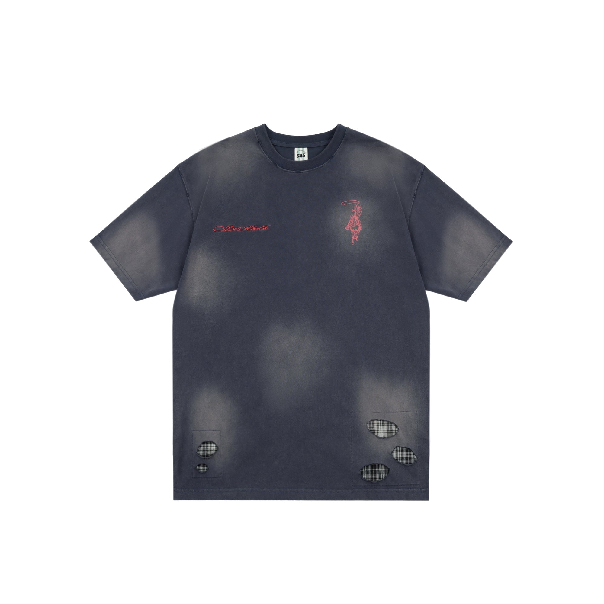S45 Plaid Patchwork Washed Embroidered Logo Tee