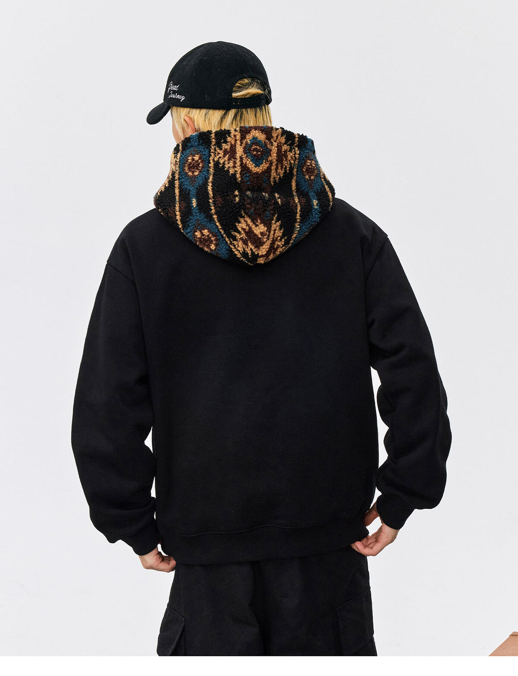 MEDM Patterned Sherpa Hood Patchwork Hoodie