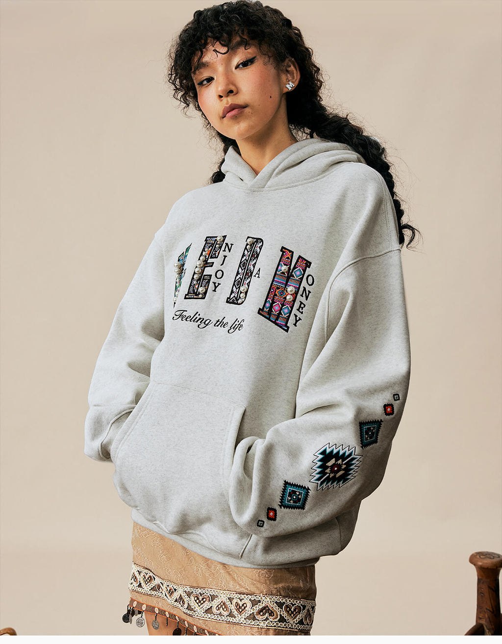 MEDM Ethnic Embroidered Patch Pearl Oversized Hoodie