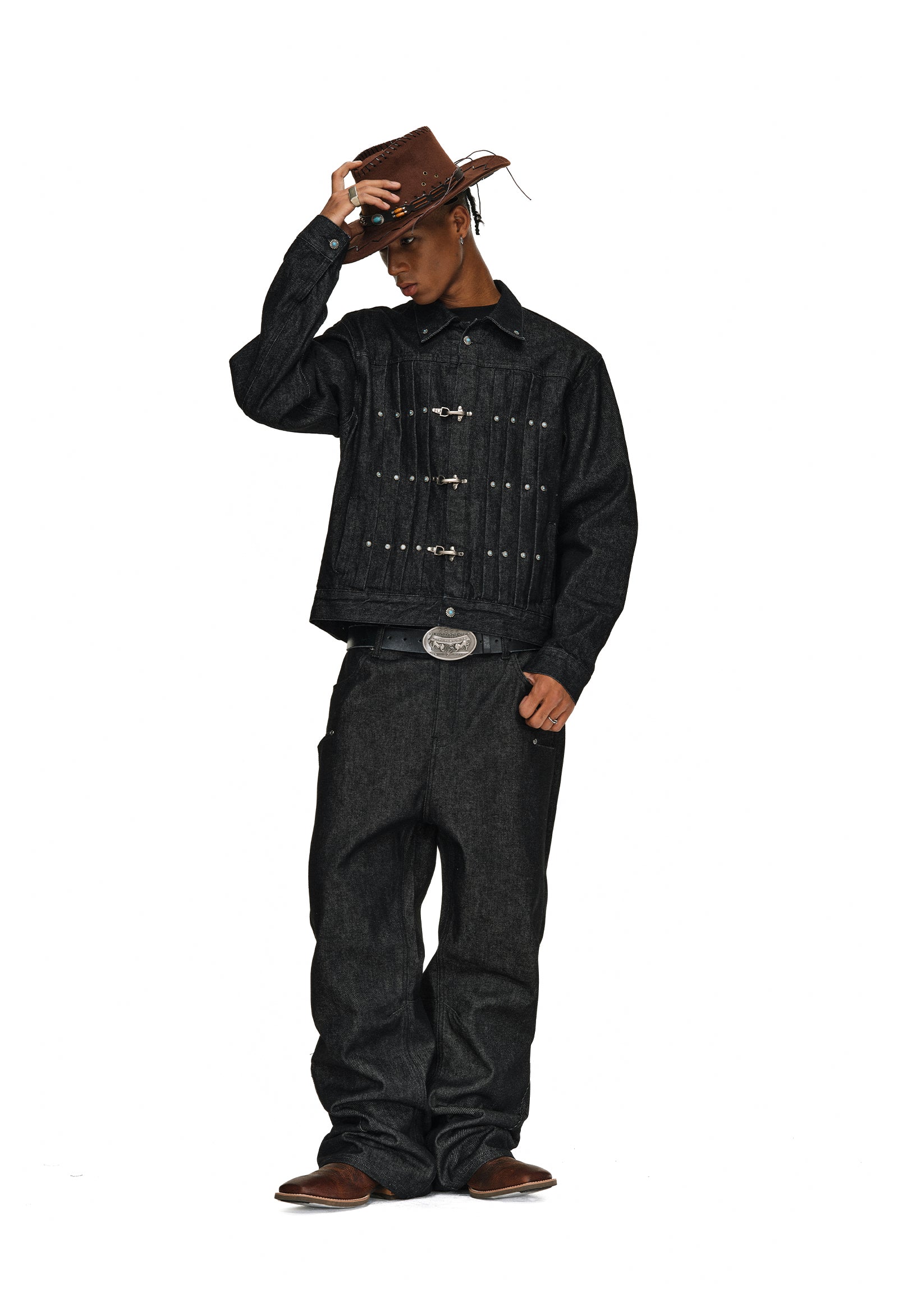 ANTIDOTE Turquoise Studded Pleated Buckle Denim Jacket