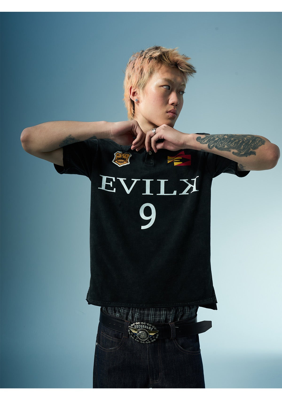EVILKNIGHT(EK) Embroidered and Logo Printed Washed Polo