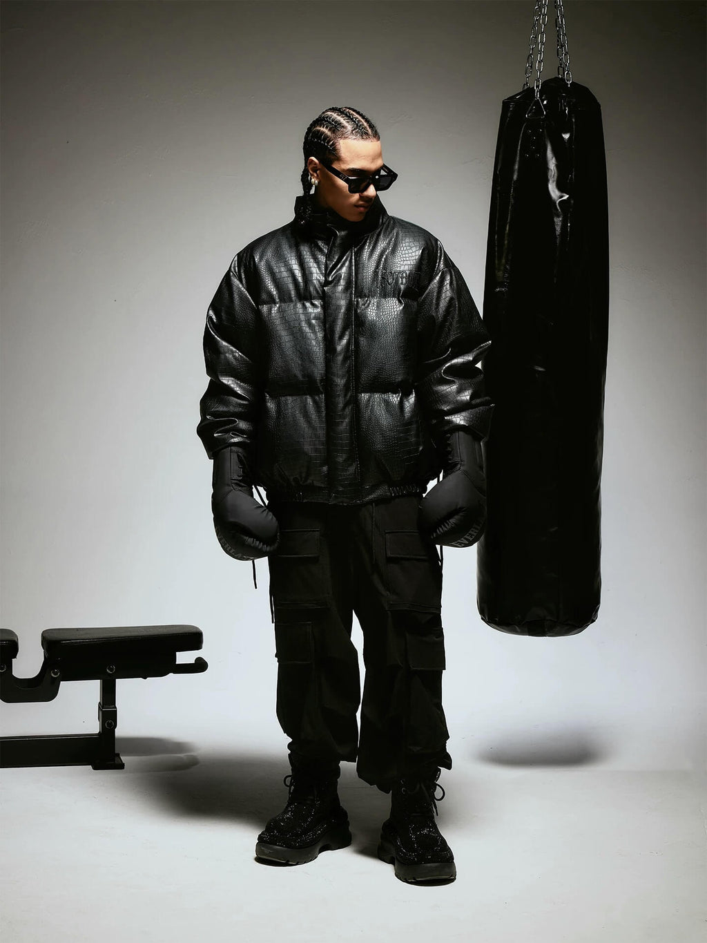 1807 Crocodile Embossed PU Leather Down Jacket