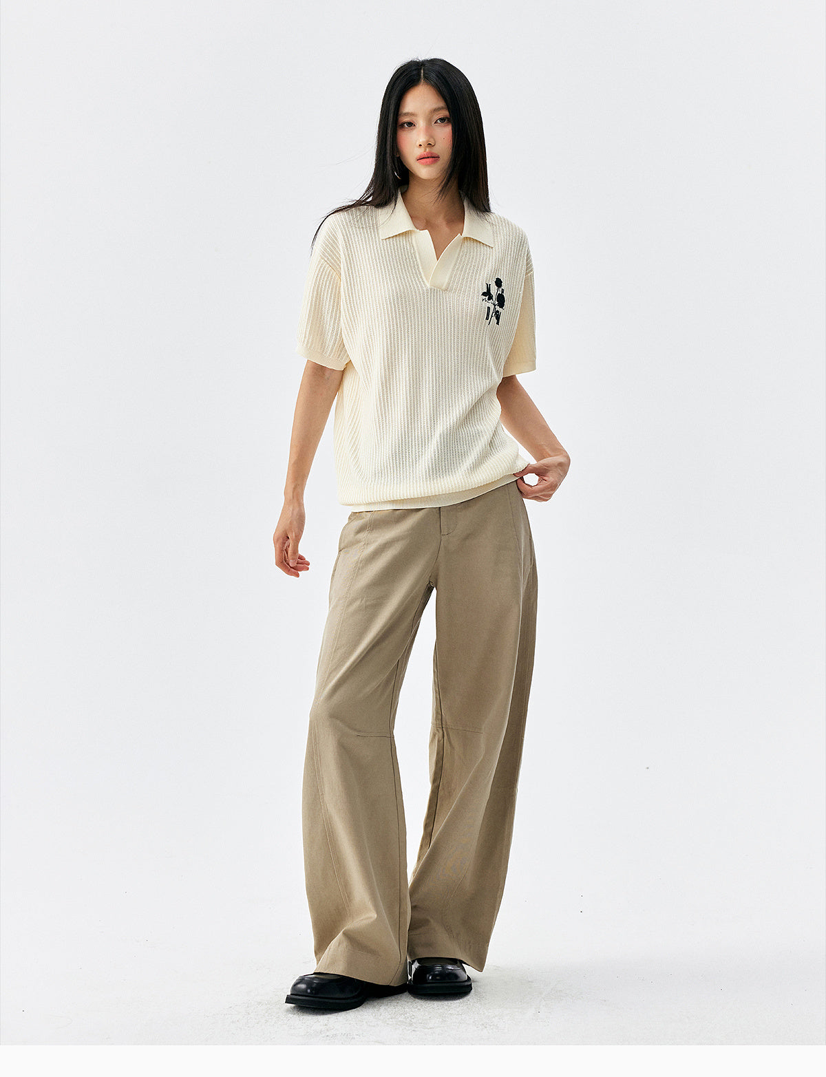 MEDM Rose Embroidered Textured Stripe Knit Polo