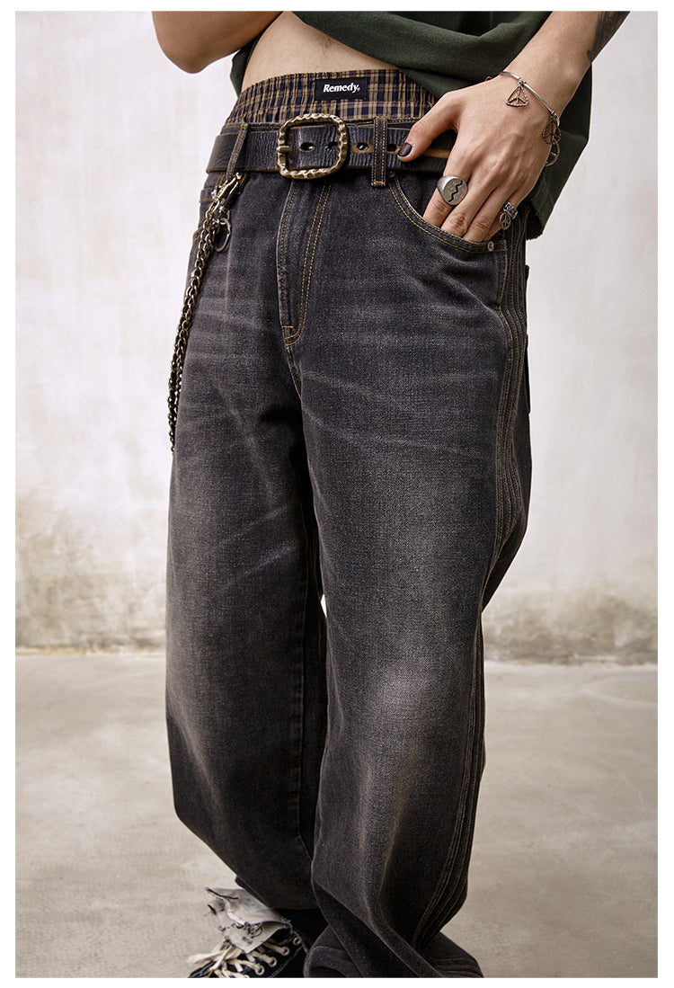 Remedy Double Layer Back Pocket Side Stitch Washed Jeans