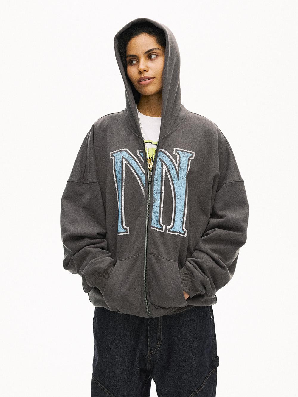 MHARF Gray Vintage Print Zip-Up Hoodie