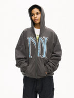 MHARF Gray Vintage Print Zip-Up Hoodie