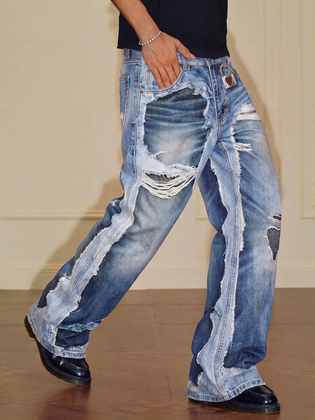 YADcrew Vintage Distressed Denim Print Loose Fit Wide Leg Jeans