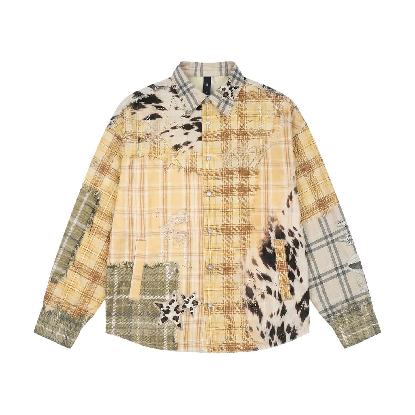 1807 Patchwork Print Plaid Rhinestone Long Sleeve Shirt