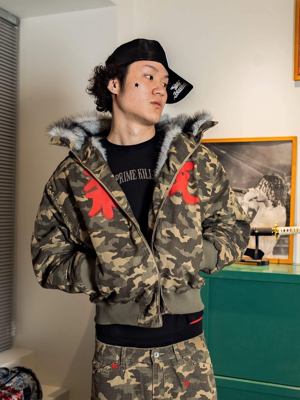 TGFCLUB Washed Camo Studded Faux Fur Hooded Jacket