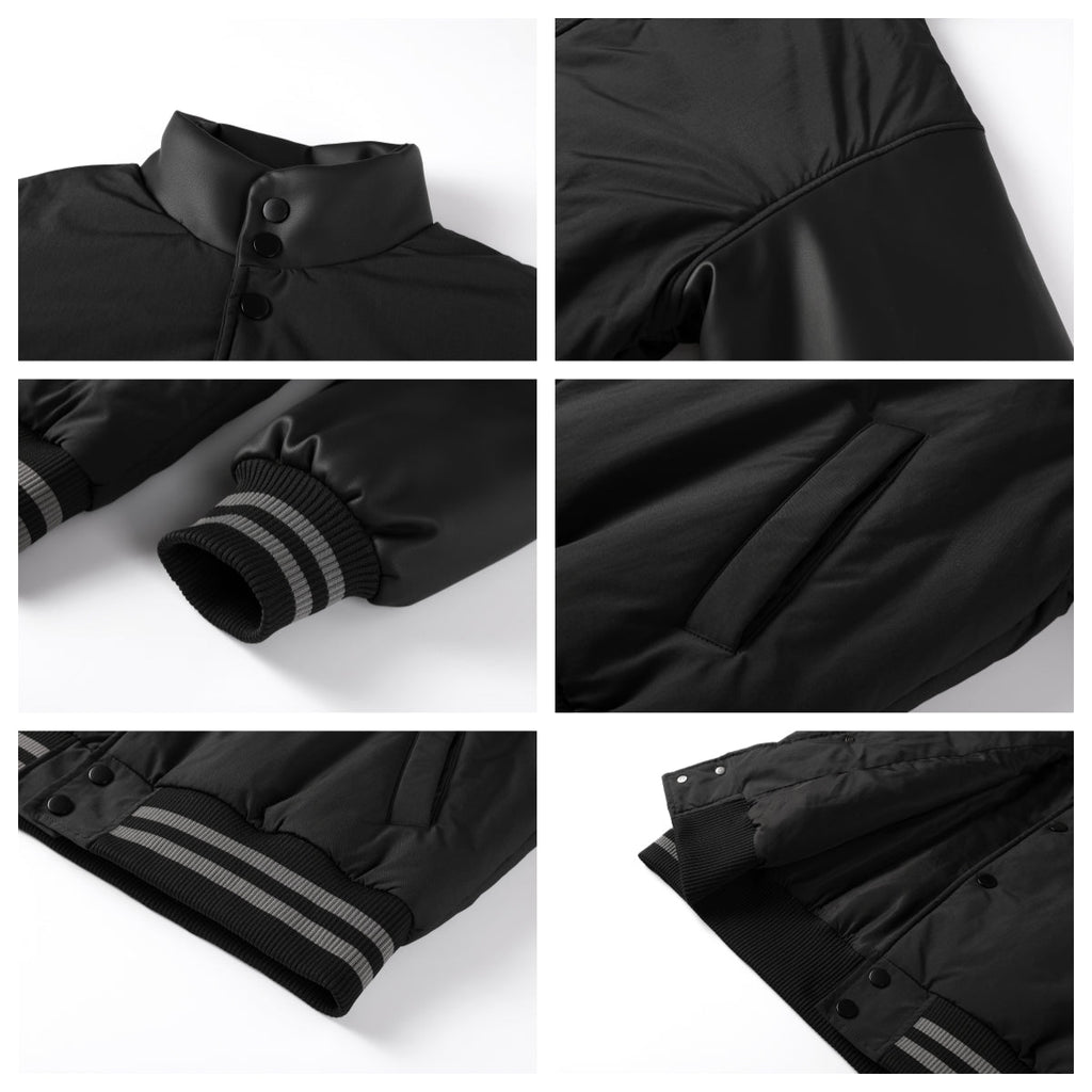 NOVACAM PU Leather Sleeve Puffer Varsity Jacket