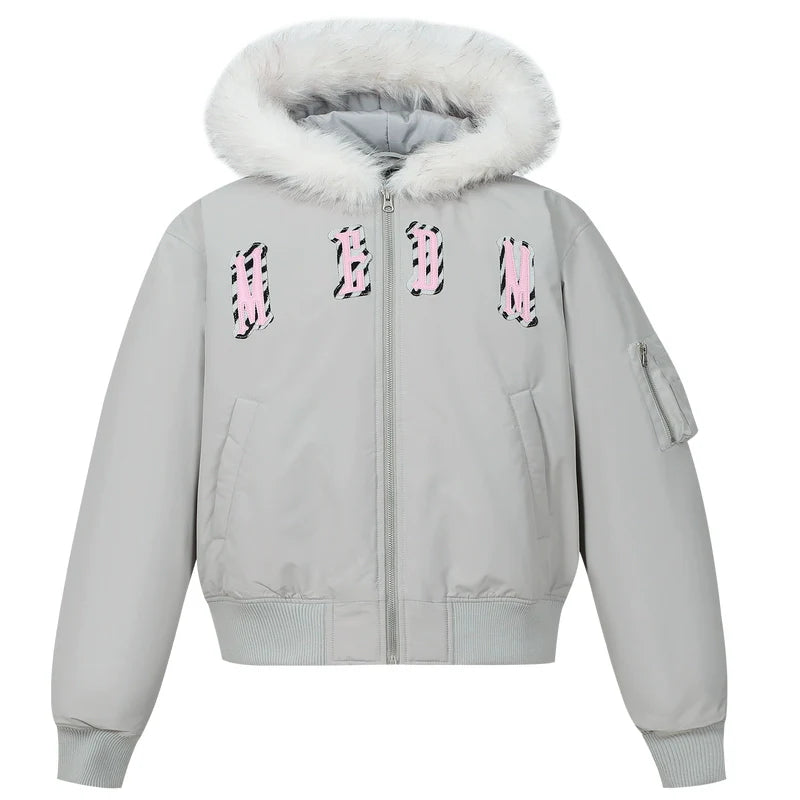 MEDM Animal Logo Patch Fur Hooded Bomber Jacket