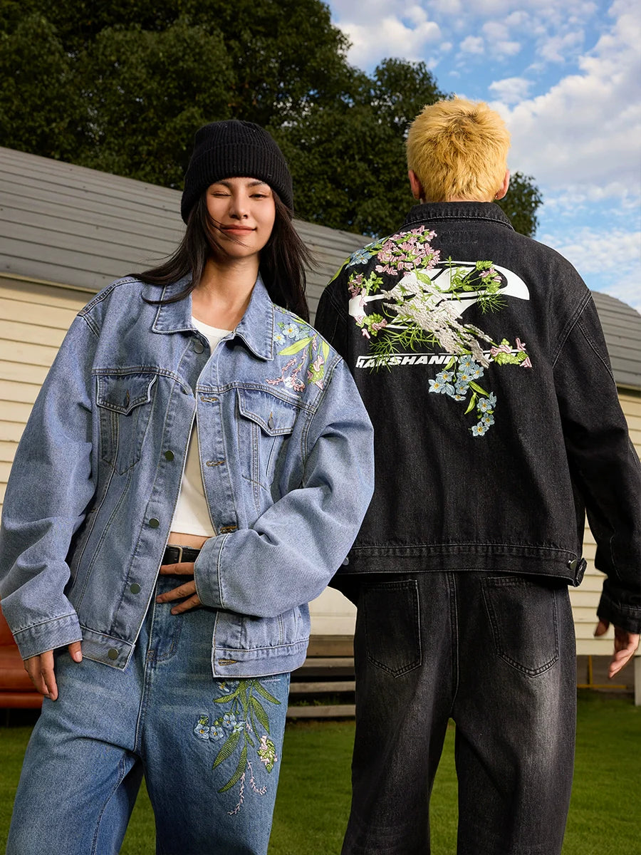 Harsh and Cruel Floral Embroidered Washed Denim Jacket