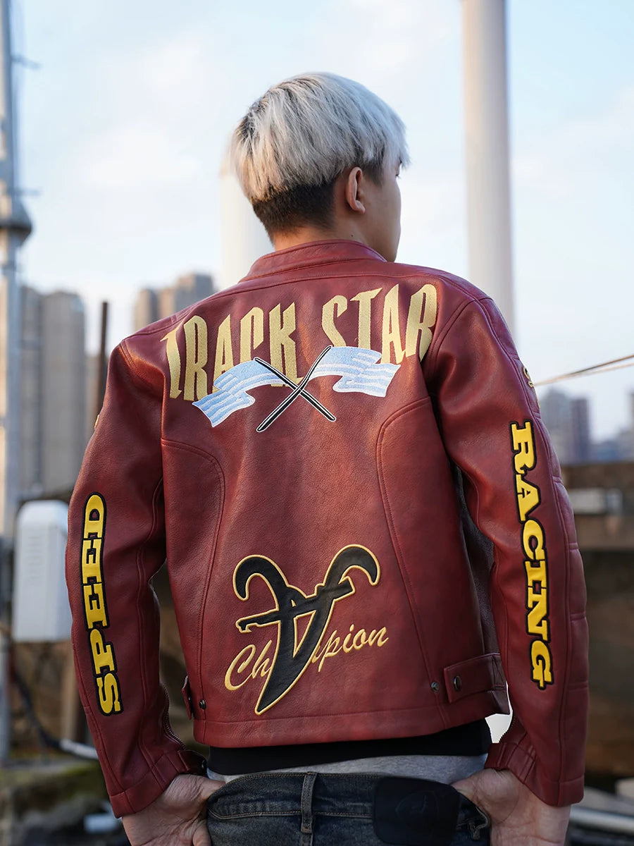 TGFCLUB Heavy Embroidery Racing Leather Jacket