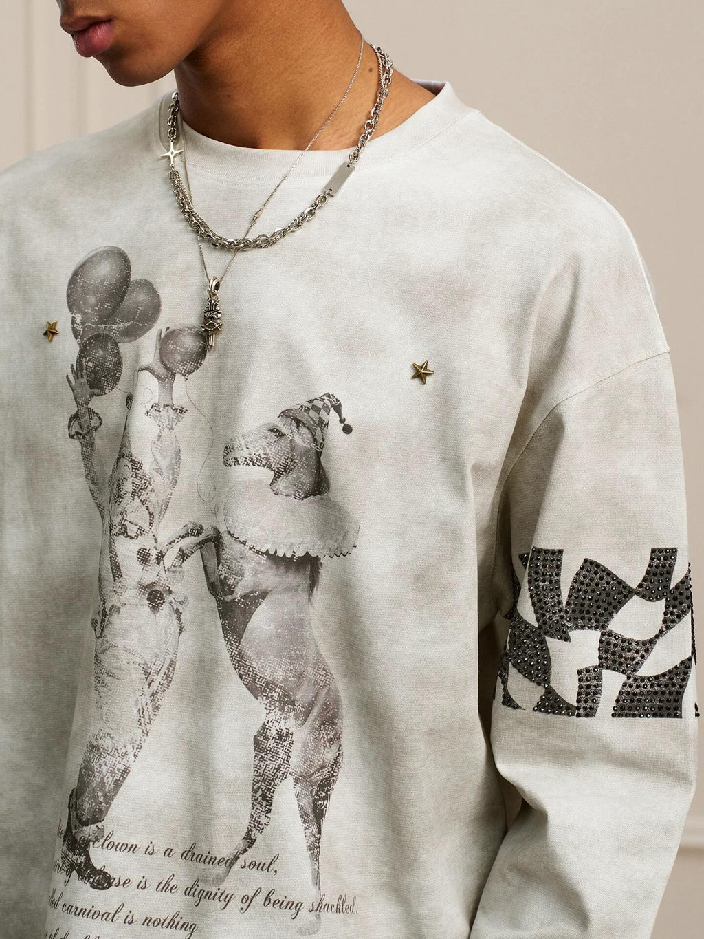 YADcrew Dirty Washed Circus Star Studded Long Sleeve Tee