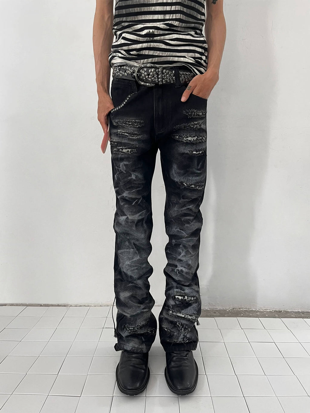 Night Lab Studded Lace Up Heavy Washed Distressed Jeans
