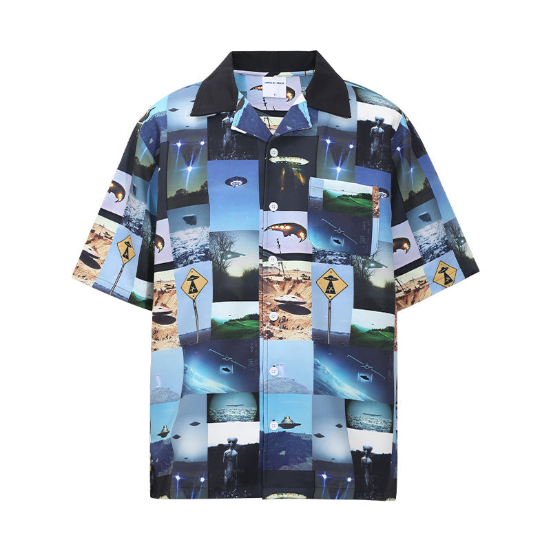 UNTILWERICH Cuban Collar UFO Short Sleeve Shirt