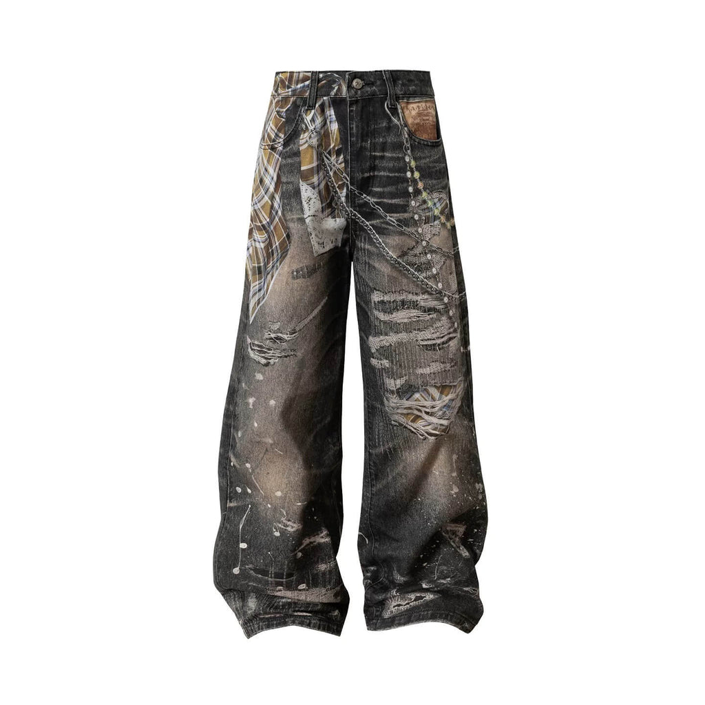 YADcrew Twisted Check Shirt 3D Digital Print Jeans