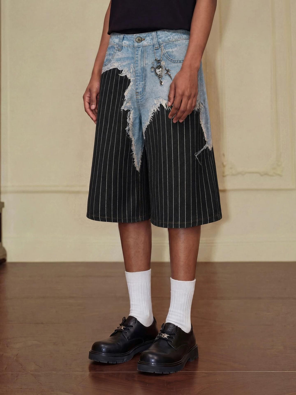 YADcrew Denim Stripe 3D Digital Print Shorts